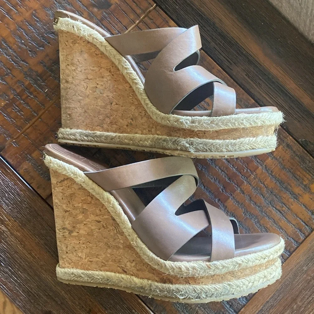 Jimmy Choo Prisma Wedge leather sandals in chocolate brown size US 7.5 (38.5)